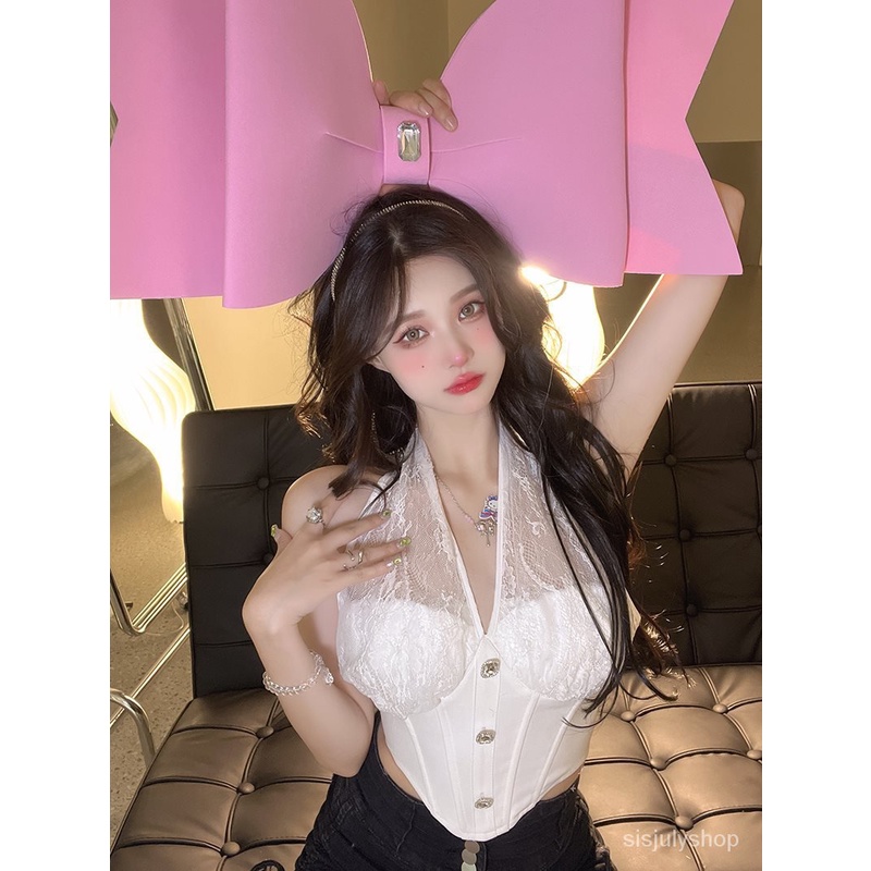 #Sisjuly# Wanita halter neck renda kamisol rompi wanita musim panas atasan kemeja bottoming pendek d