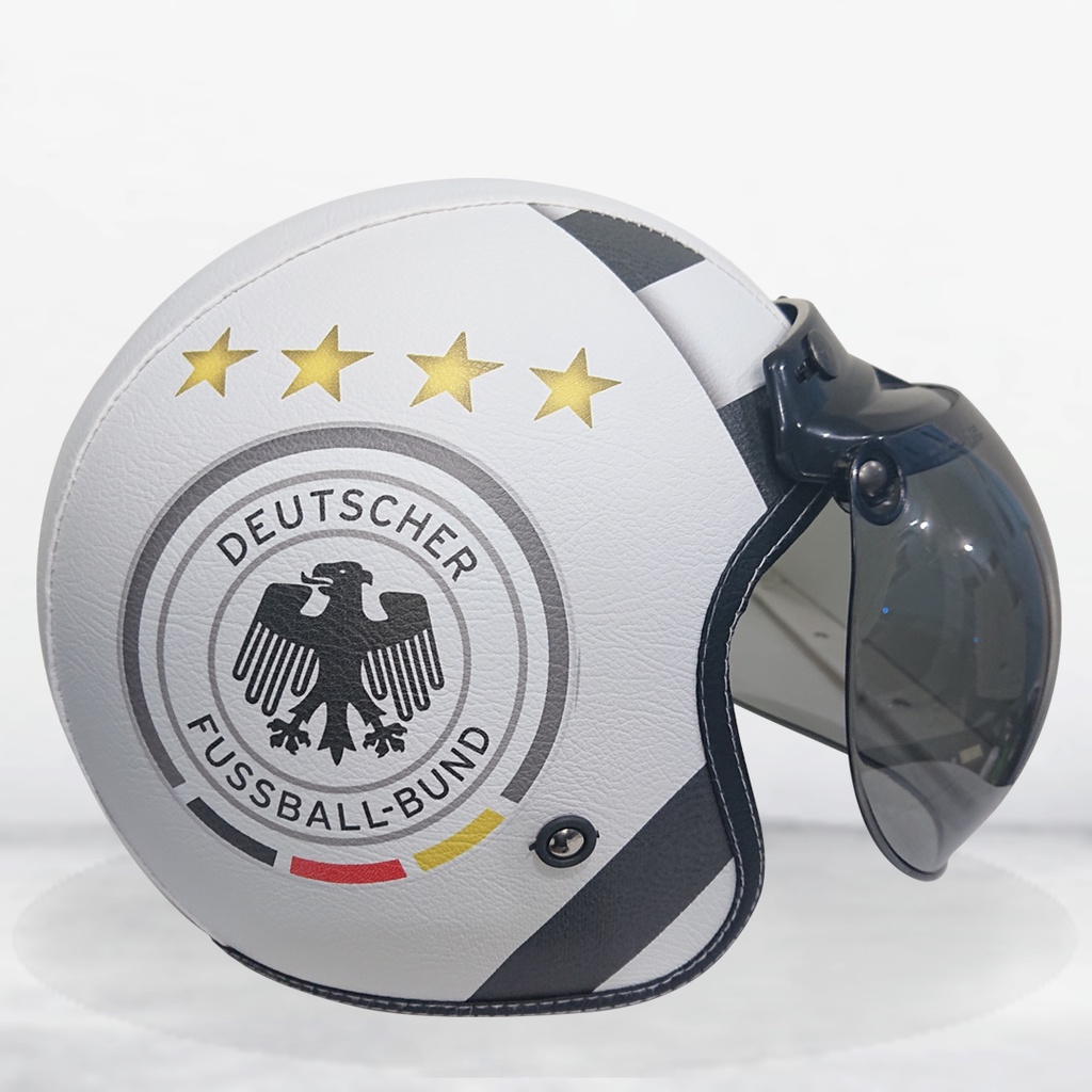 Helm Bogo Retro Dewasa dan Anak Kulit Motif Klub Bola Jerman Silver Piala Dunia Kaca Bubble Smoke SN