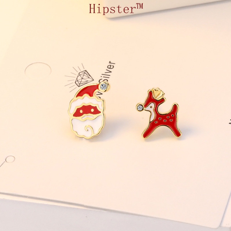 M3066 Anting Tusuk Asimetris Lapis Emas 18K Model Santa Clausrusa Natal Untuk Wanita