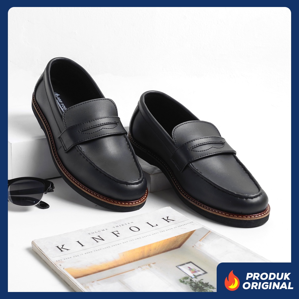 ALPINE BLACK ORIGINAL x ARF Sepatu Loafers Hitam Pria Slip On Formal Casual Kerja Kantor Slop Resmi Kantoran Pesta Kondangan Selop Jalan Santai Hangout Kuliah Penny Loafer Semi Kulit Premium Footwear Big Size Jumbo Ukuran Besar 44 Keren Terbaru Kekinian