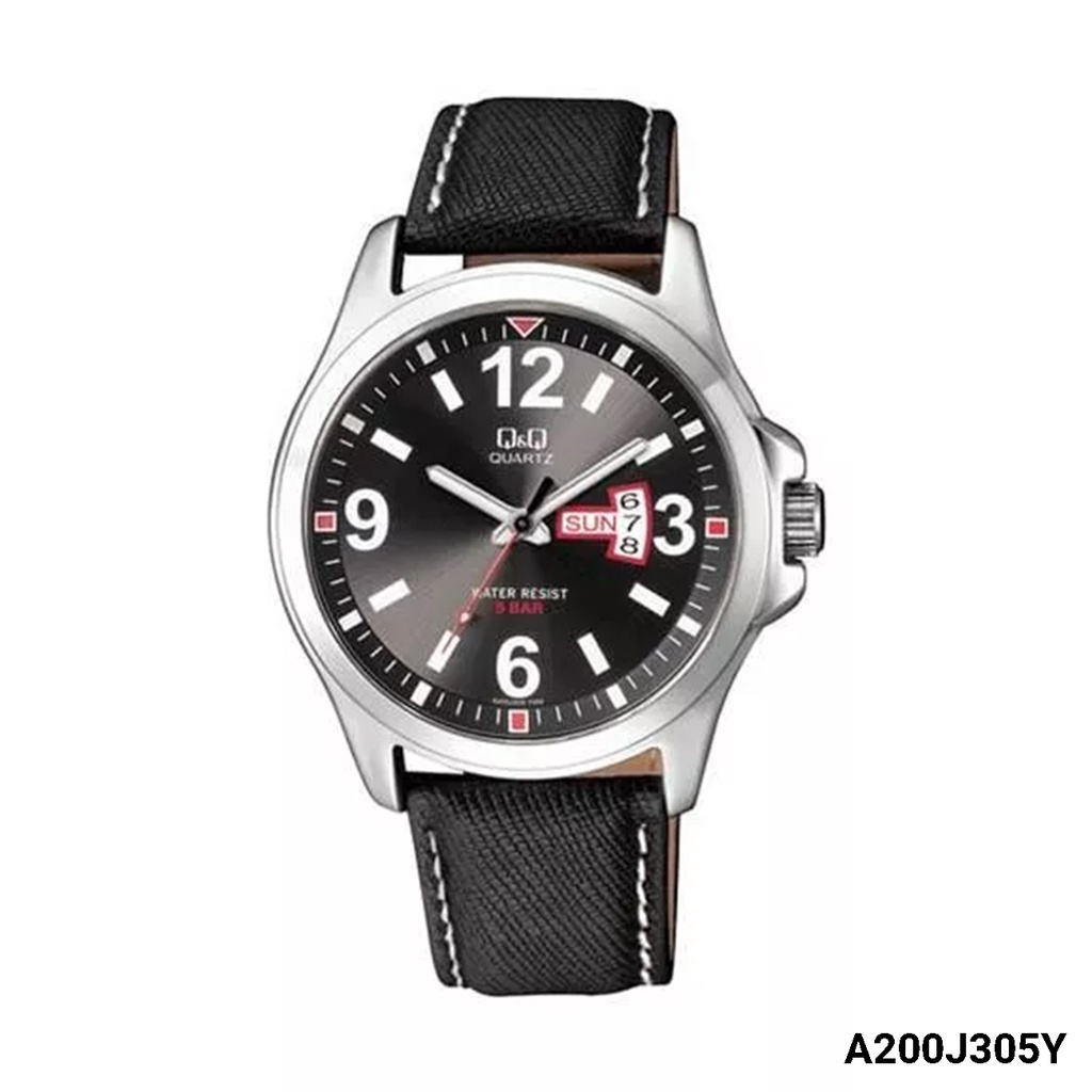 Jam Tangan Pria Stylist Casual Kulit Leather Tanggal Hari Analog Original Q&amp;Q QnQ QQ A200 A200J Series