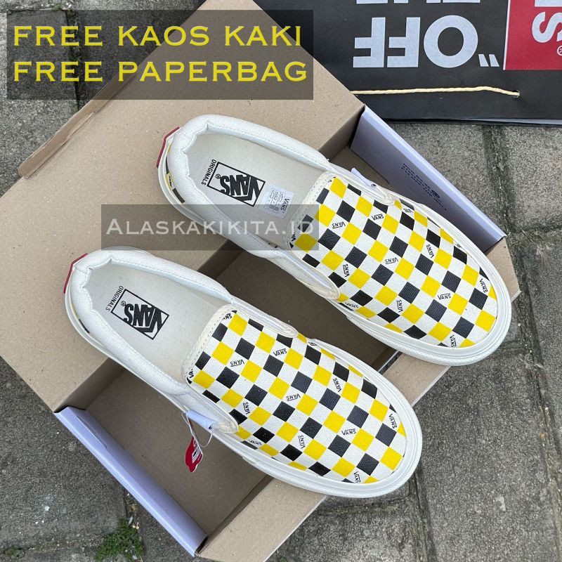 sepatu vans slip on / checkerboard / logo print / moma / checkerboard x porter yoshida / slip on og mono + kaos kaki premium quality