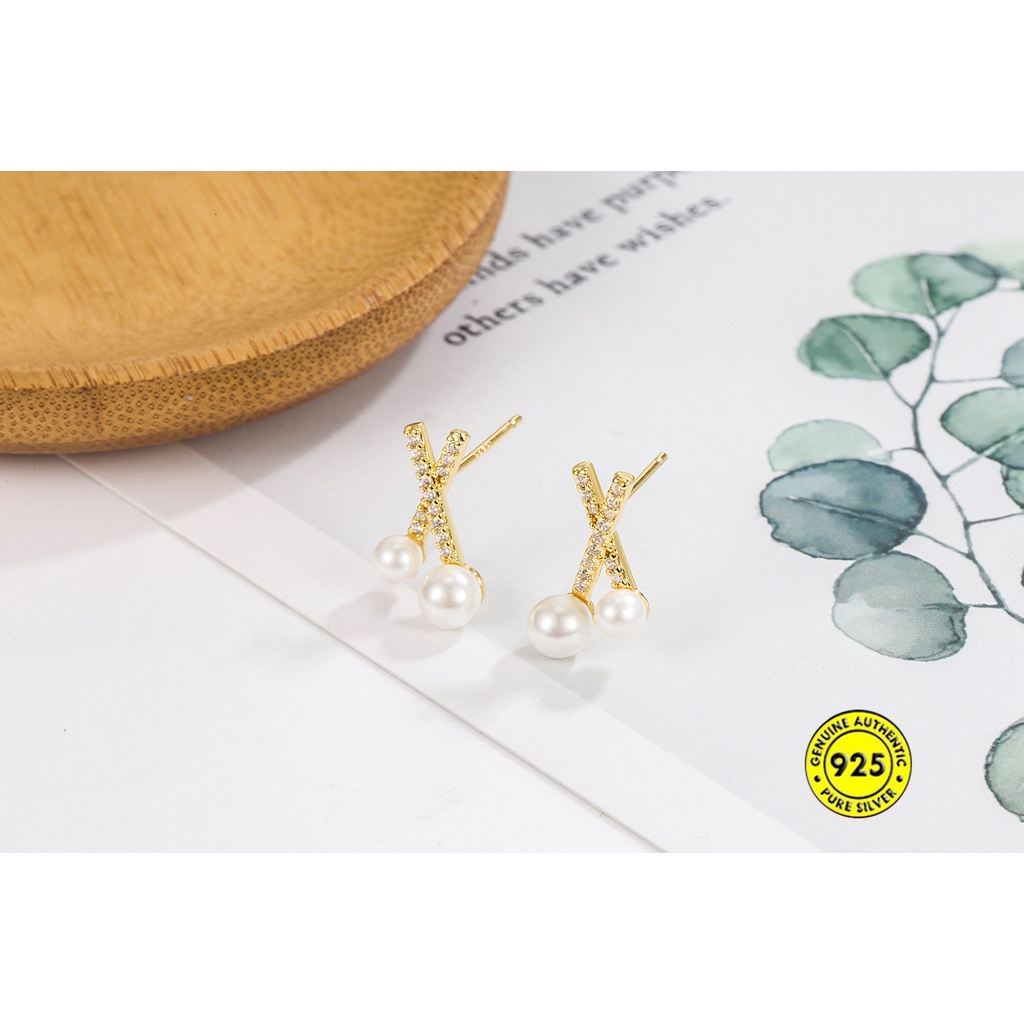 Anting Tusuk Mutiara Imitasi Bentuk Salib Untuk Wanita U1072