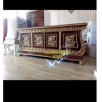 Meja ukir rak bufet lemari almari tv ukir kombinasi gold emas kayu jati