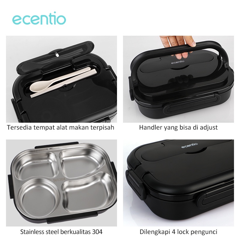 ecentio &amp; FOODI tempat makan anak sekolah 4 sekat 1L 304 Stainless steel dan Mangkuk Sup Stainless/Kotak makan set Anti Tumpah 1000ml/Free Sendok