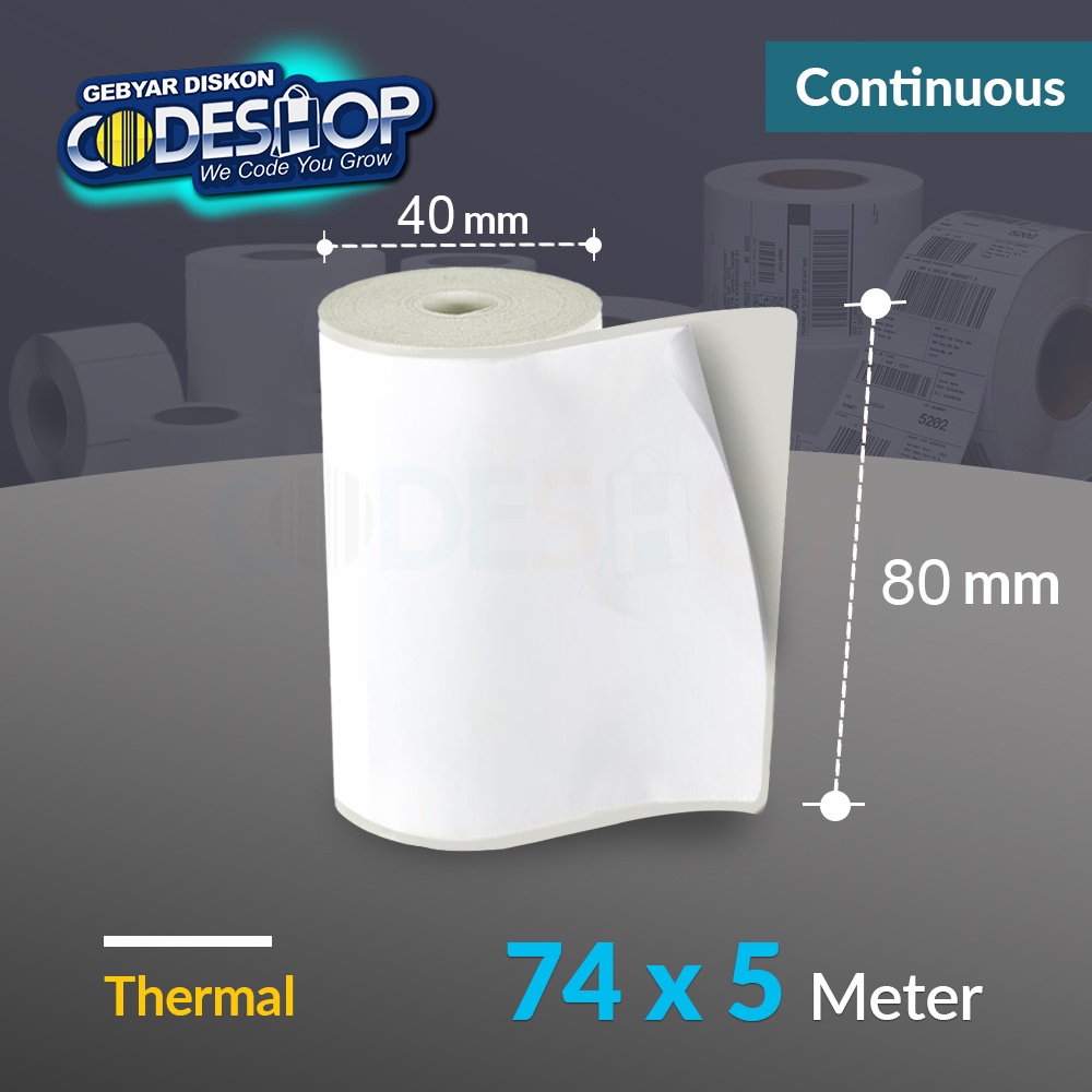 

Codeshop Label Thermal 74 x 5 M Continuous 80mm Stiker Printer Kasir Coreless Panjang 5 Meter