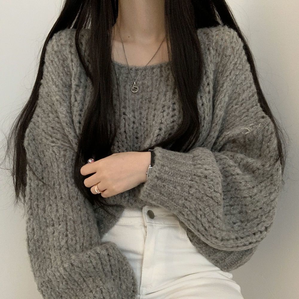 #Sisjuly# Wanita Serbaguna Pullover Berongga Sweater Rajut Longgar Pakaian Luar Lentera Lengan Sweat