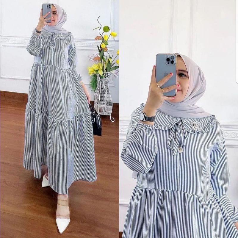 Tyara Midi Dress Salur Bahan Katun