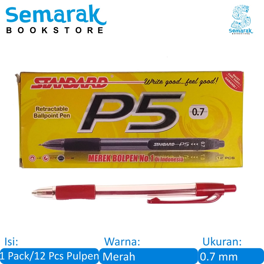 

Standard P5 Retractable Ballpoint Pen Pulpen Cetek Oil Gel Grip Karet 0.7 - Merah [1 Pack / 12 Pcs]