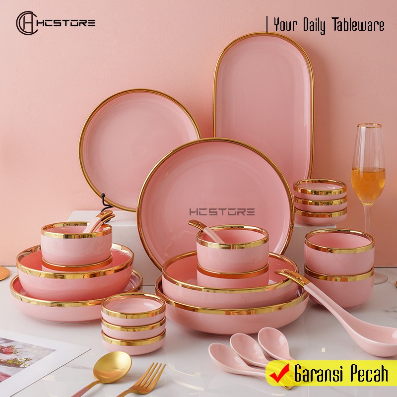 Piring Makan Keramik Pink Gold Piring Pink keramik piring saji dan mangkok bakso Tahan Panas Microwa