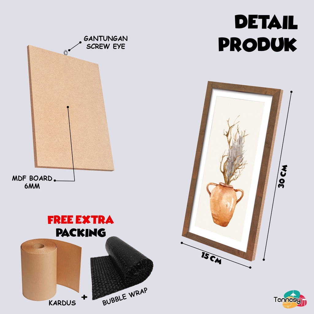 TENNESY HIASAN DINDING BUNGA FLOWER VINTAGE WITH FRAME 15x30CM WALL DECOR PAJANGAN KAYU POSTER DEKORASI DINDING KAMAR RUMAH