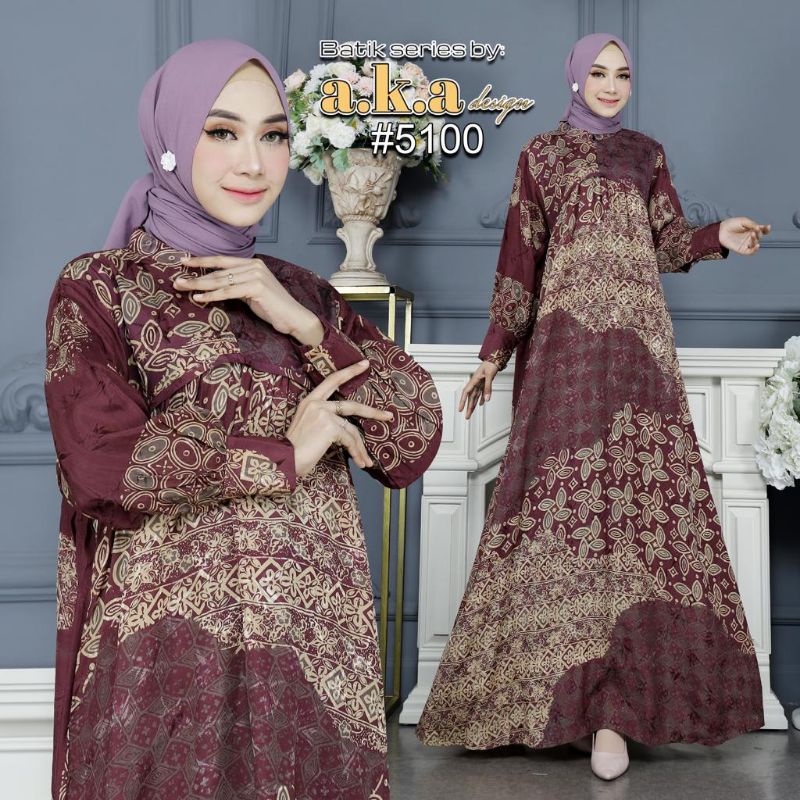 [5100]Gamis Batik Semi Sutra Resleting Depan Tangan Kancing // Kode AKA