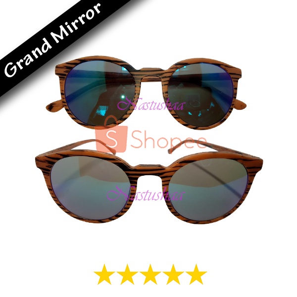 Kacamata Hitam Fashion Frame OvaL Plastik Motif Serat Kayu Coklat Kaca Mata Gaya Lensa Mirror Anti UV Pria dan Wanita Unisex FREECASE