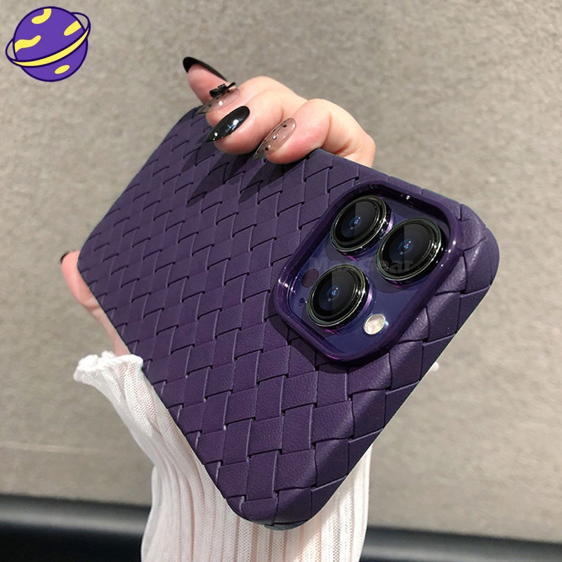 Casing Flip Case Kulit Pu Motif Anyaman Warna Ungu Tua Untuk iPhone 14 13 12 Pro MAX