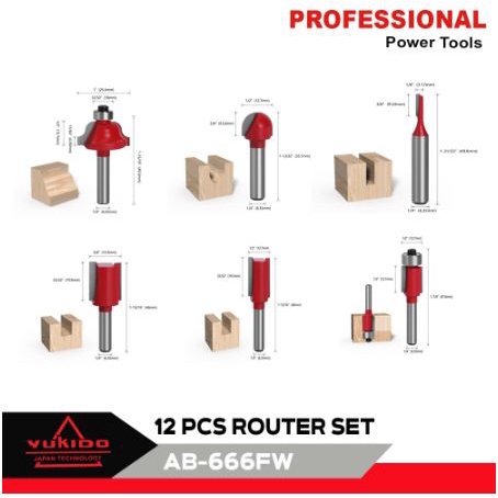 Mata Profil Set 12pcs Trimmer Router Bits Set 1/4” Kayu Router YUKIDO