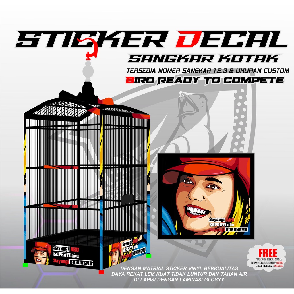 STICKER DECAL SANGKAR BURUNG KOTAK TEBOK EBOD NOMER 1 2 3 GAMBAR MOTIF CEWEK