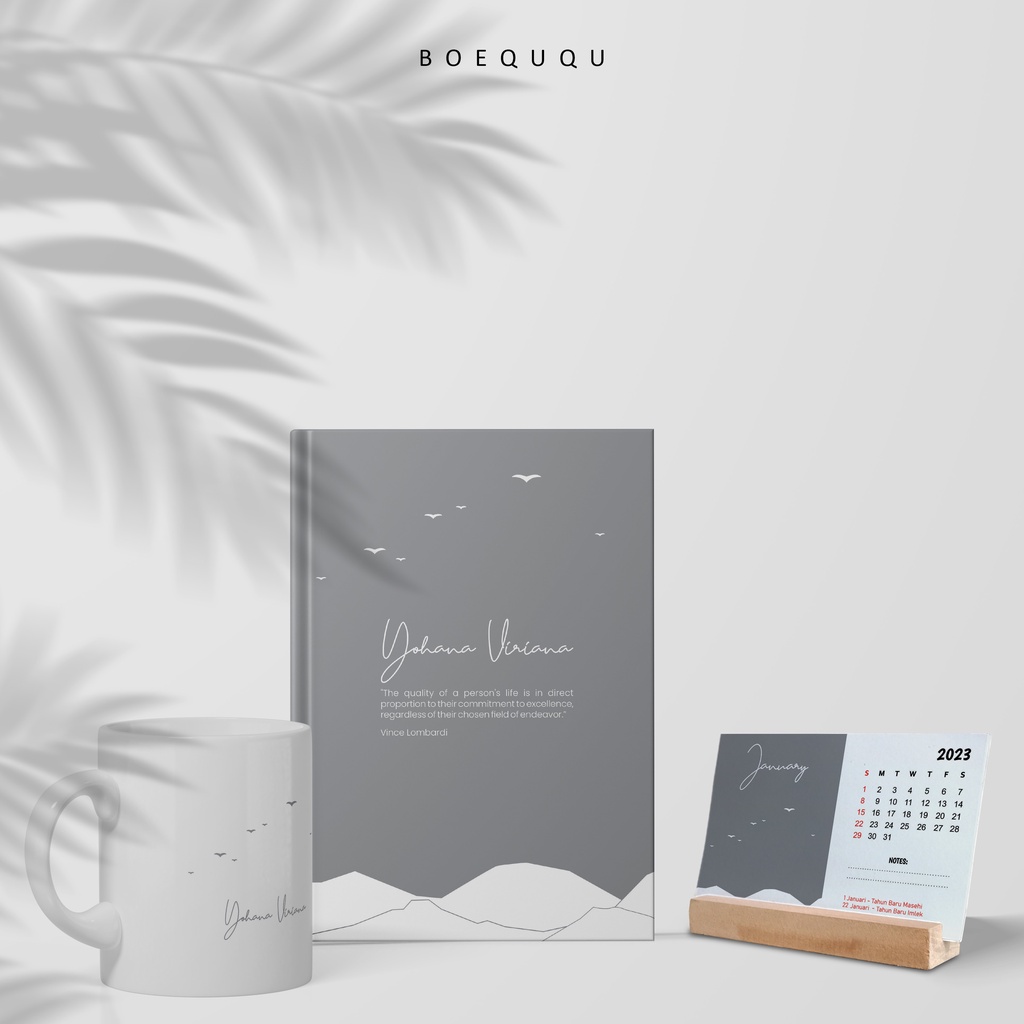 

[WFH SET] - Boeququ Paket 3 in 1 Notebook Hardcover Custom / Mug Gelas Custom / Kalender Kayu Custom