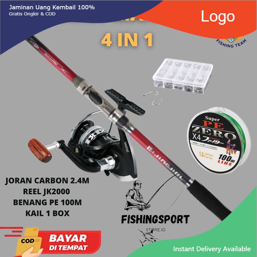 Set Pancing Murah Lengkap 4 in 1 Joran 2.4 Meter Reel JK2000 Benang PE Super 4 Braid 1.0 Mata Kail 1