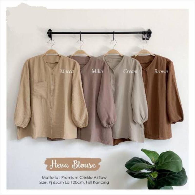 Heva Blouse Wanita Atasan Basic Polos Kancing Depan Kekinian