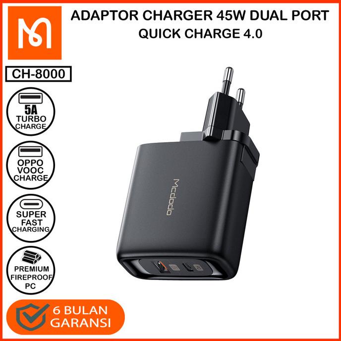 MCDODO CH-8000 Adaptor Charger Dual Port Usb A + Type C QC 4.0 45W