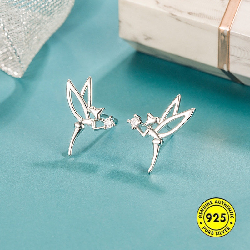 Anting Tusuk Sterling Silver 925 Desain Sayap Peri Hias Berlian Imitasi Untuk Wanita U1054