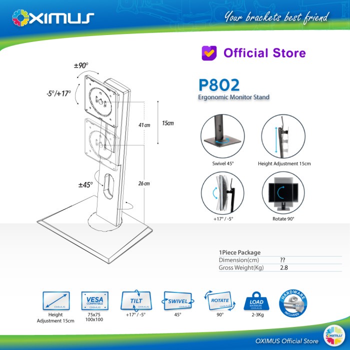 STAND MONITOR LCD LED ERGONOMIC PLATE ROTATE UP DOWN vesa 75-100mm - P806(4.4-6.2KG)