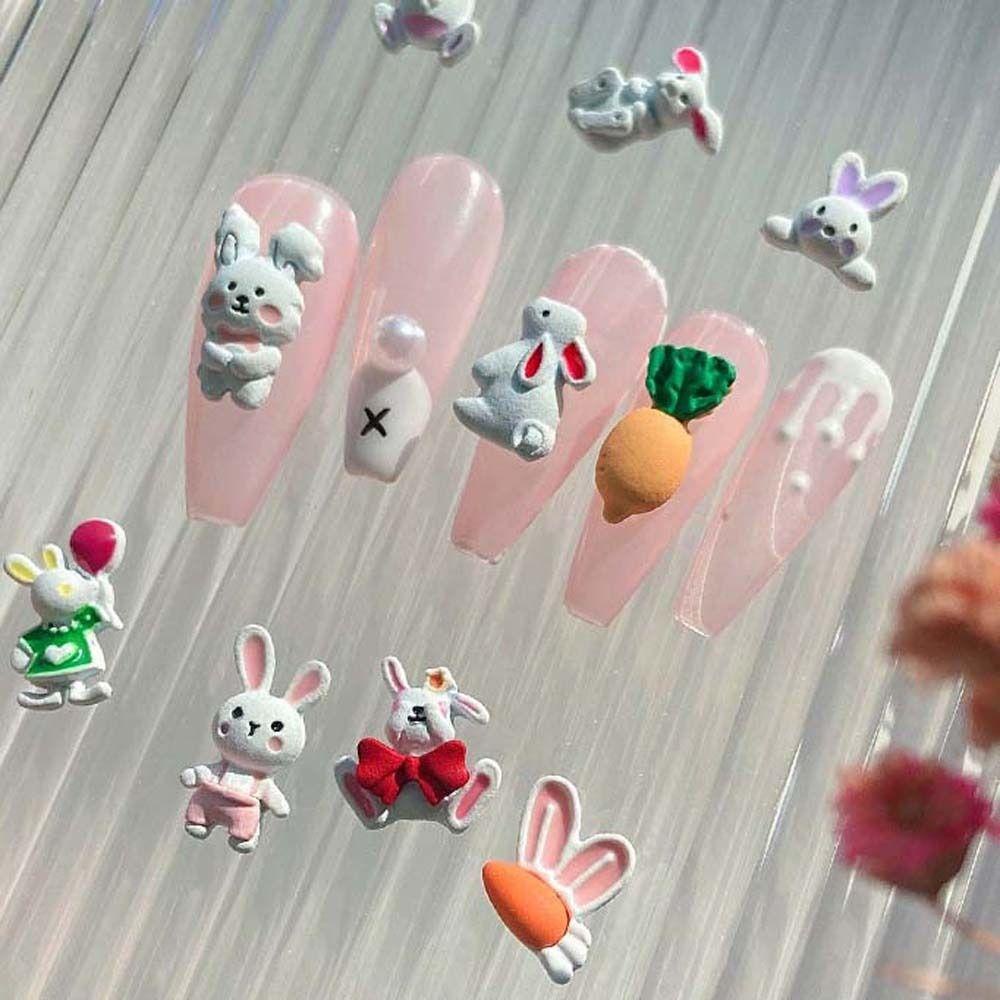 AUGUSTINA Augustina Kelinci Dekorasi Kuku Wanita Putih Pesona Kuku Nail Art Perhiasan Alloy Manicure Aksesoris