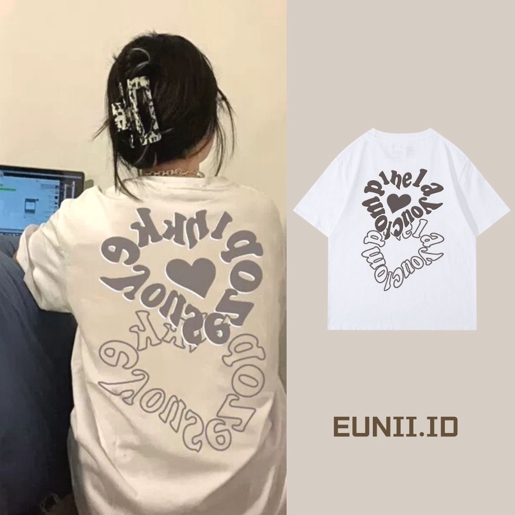 EUNII T-shirt Lengan Pendek Cinta Bahasa Inggris Pencetakan Longgar Korean Style/Kaos Atasan Wanita/Baju Kaus Oversize Wanita