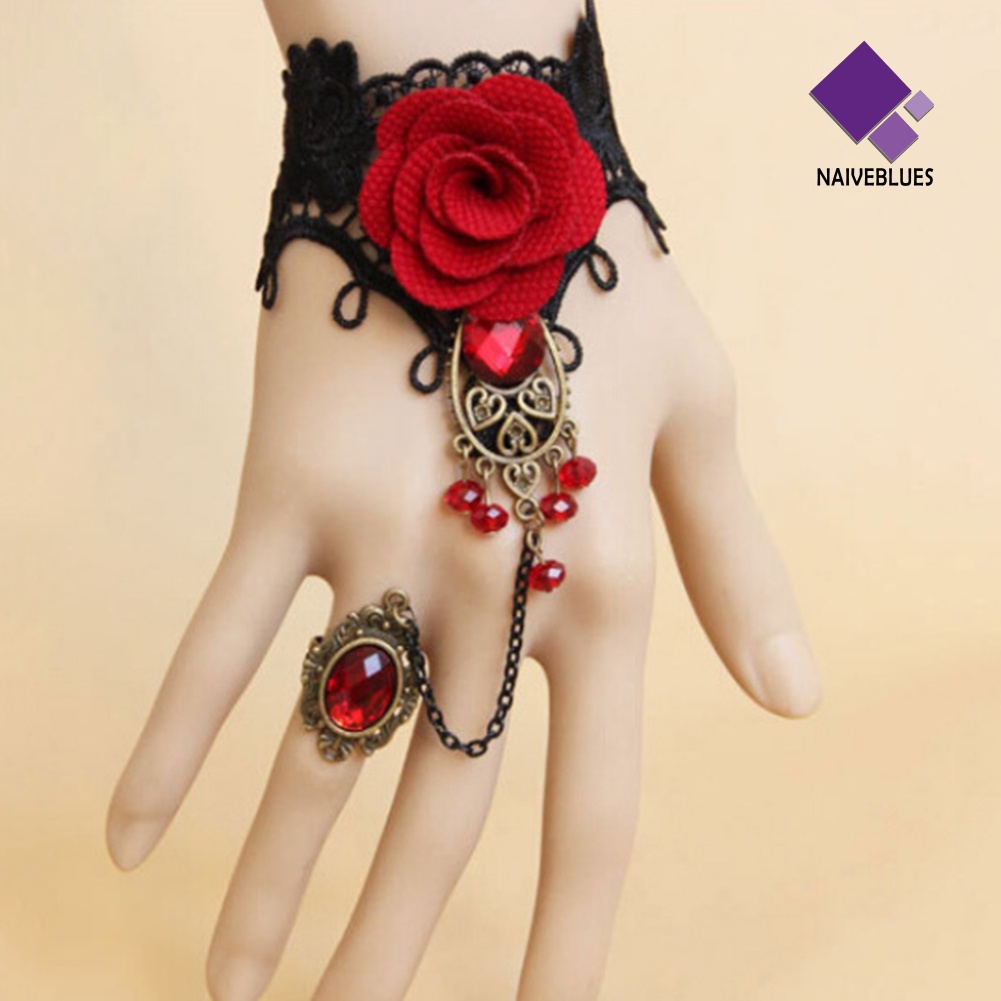 Gelang Cincin Jari Adjustable Bahan Lace Motif Bunga Gaya Gothic Untuk Wanita
