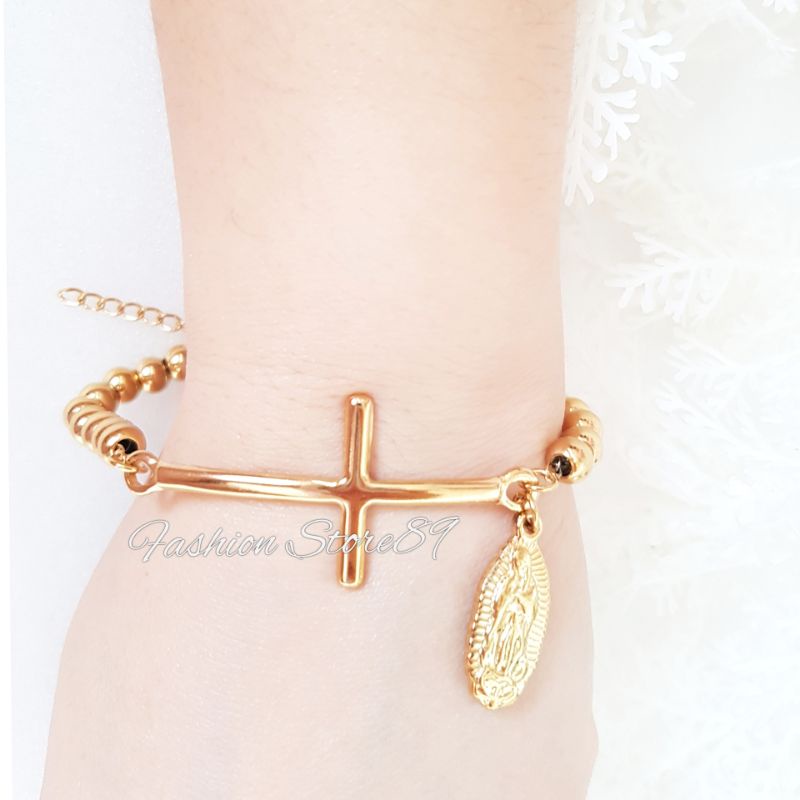 Gelang Rosario Bunda Maria dan Santo Benediktus kombinasi Salib Rantai Butir 6mm gold titanium antikarat fashion rohani pria wanita