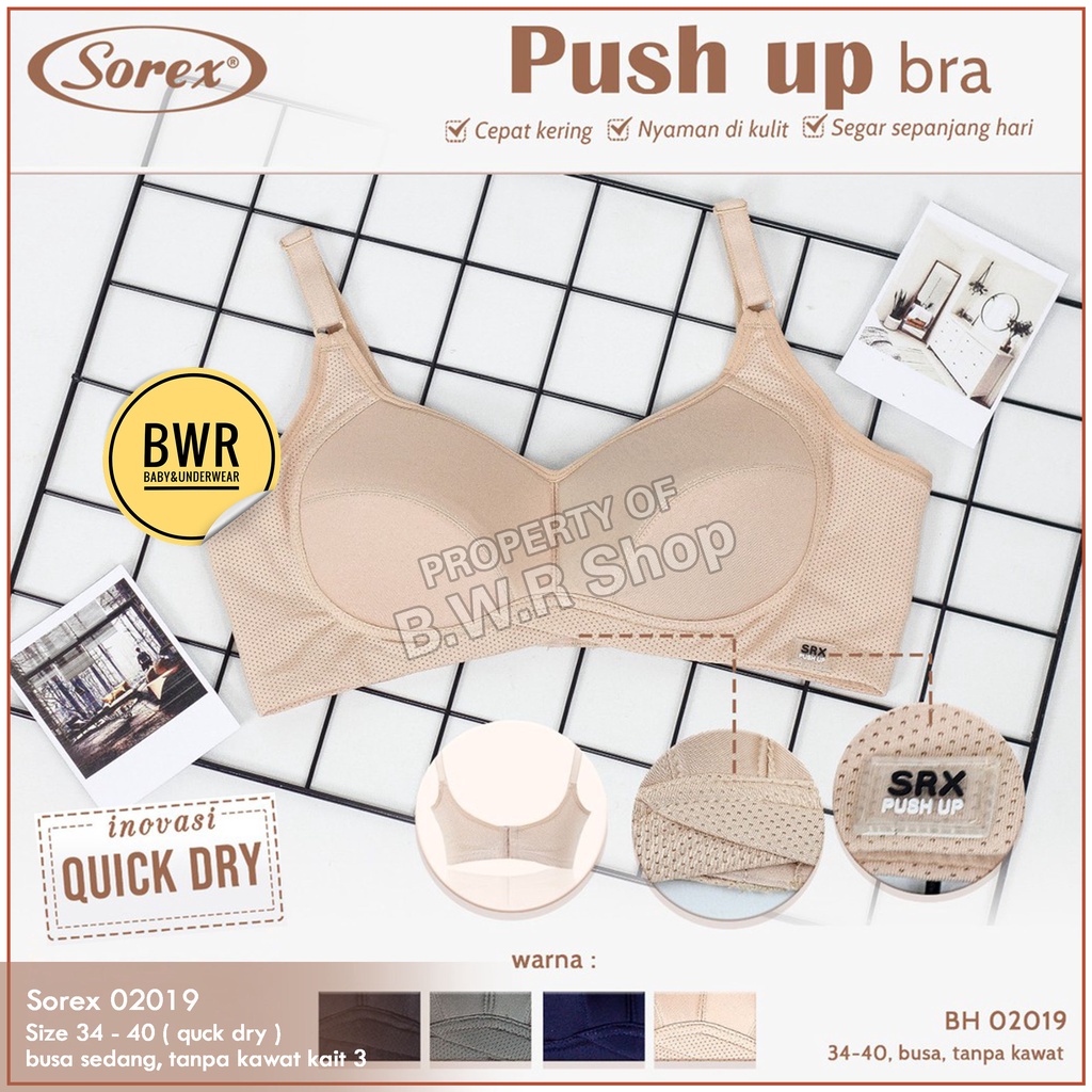 BH Sorex Quick Dry 02019 / Bra Sorex Push Up Busa Sedang Tanpa Kawat Penyangga Kait 3 Pilih Warna | Bwr