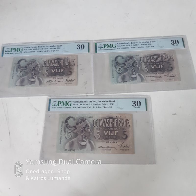 Uang Kertas Kuno 5 Gulden Wayang Tahun 1934-1939 PMG 30