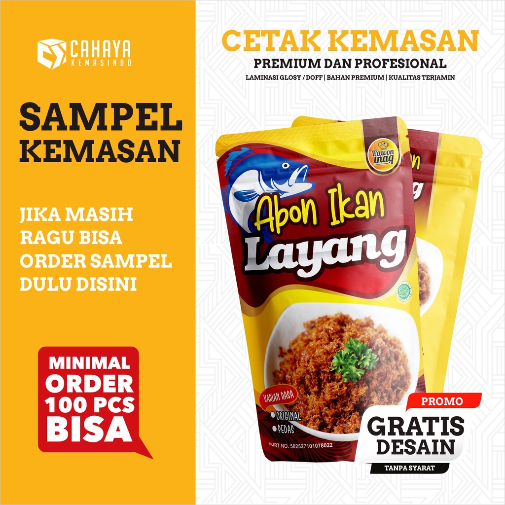 Jual Sampel Kemasan Standing Pouch Full Printing Full Warna Custom Abon