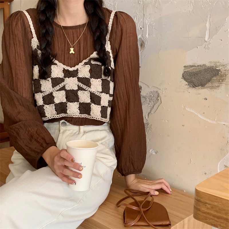 Premium Knit Crop Top atasan wanita rajut blouse korean outfit Korean Sexy Lace Crochet Tank Top Bru