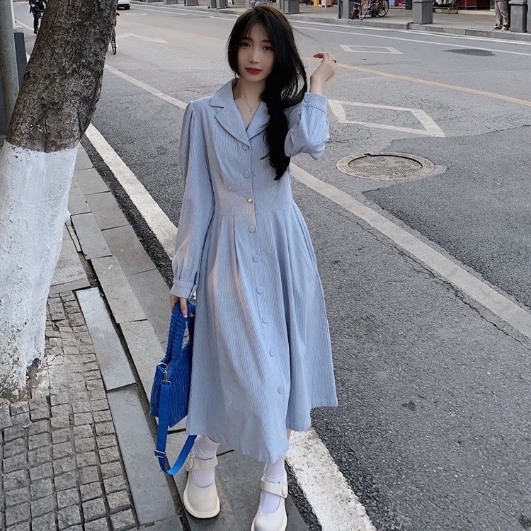 Dress lengan panjang Dress korduroi pinggang warna solid ala Korea