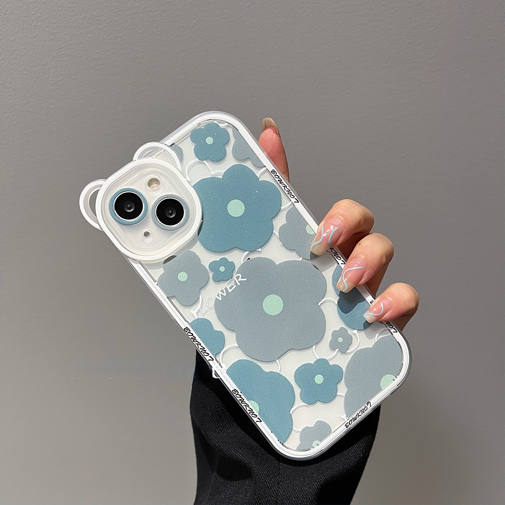 Soft Case Silikon Motif Bunga / Beruang Untuk Compatible for iPhone 14 13 12 11 Pro Max X Xr Xs Max SE 2020 8 7 6 6s Plus handphone Case murah Blue-gray Flower Phone Case Bear Ears All-inclusive Lens Clear Silicone Shockproof Phone Back ChainCasing Cover