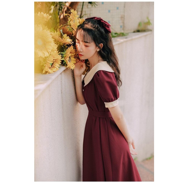 [littlecrab] Dress Collar With Pearl Gaun Wanita Panjang Lengan Pendek Two Tone Color Maroon Hitam Simple Berkualitas Dress Berkerah Kasual Simply Korean Style