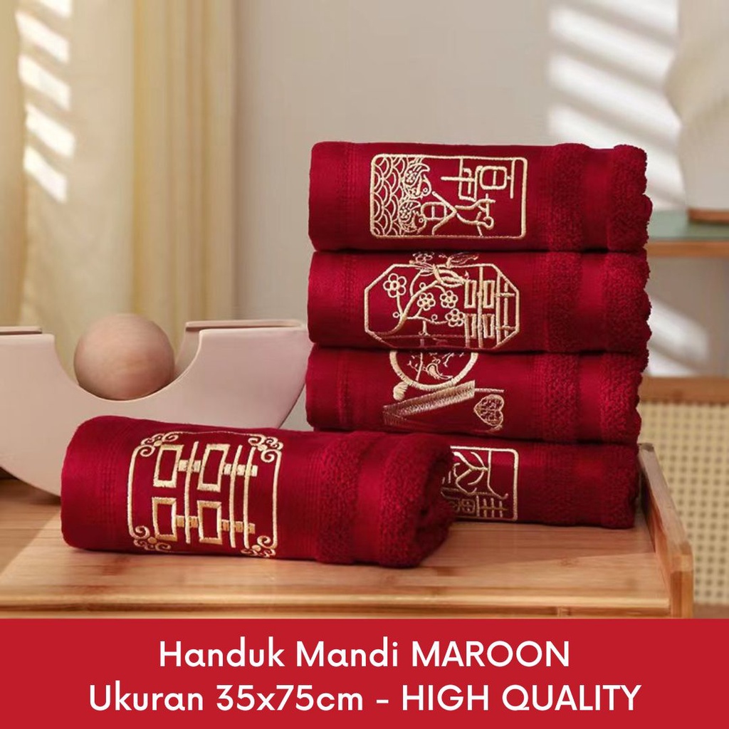 SEPASANG Handuk MAROON tema Wedding Dengan Bordir Shuang Xi Bahan COTTON BAMBOO (TANPA BOX)