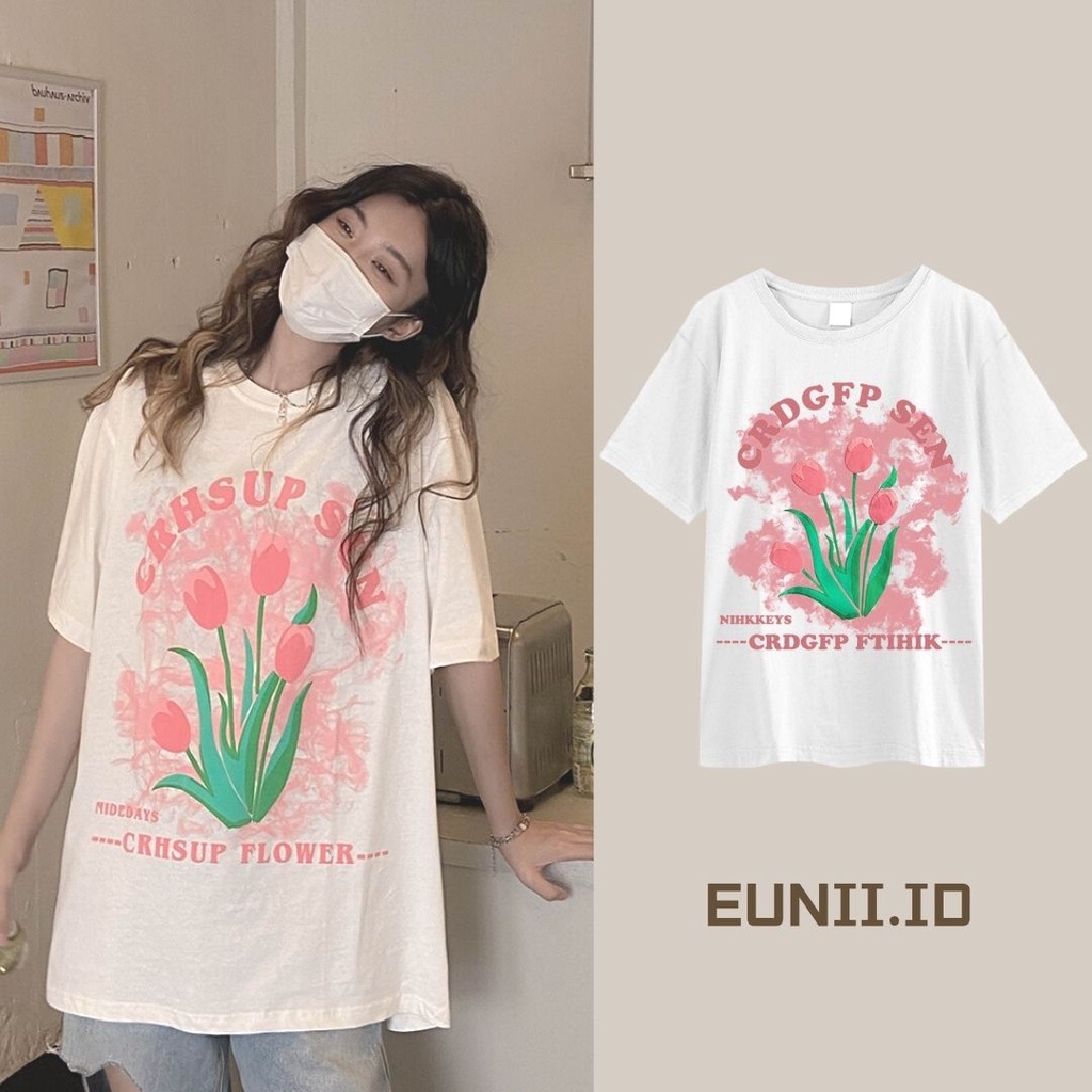 EUNII T-shirt Lengan Pendek Kartun Bunga-Bunga Pencetakan Longgar Korean Style/Kaos Atasan Wanita/Baju Kaus Oversize Wanita