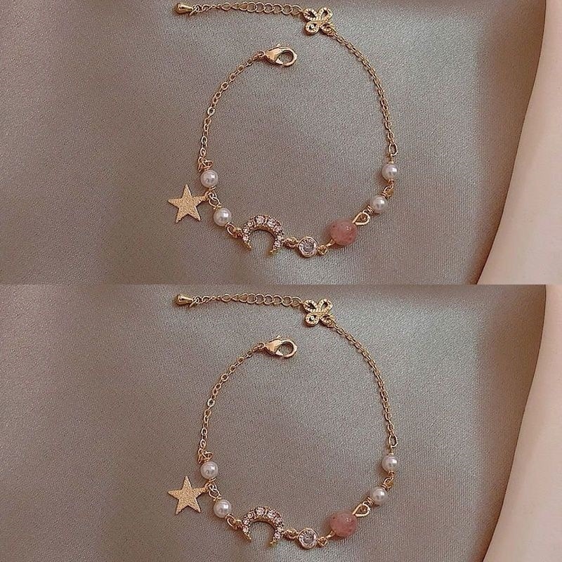 Gelang Rantai Mutiara Kristal Bentuk Bulan Bintang Warna Pink Gaya Korea Untuk Wanita