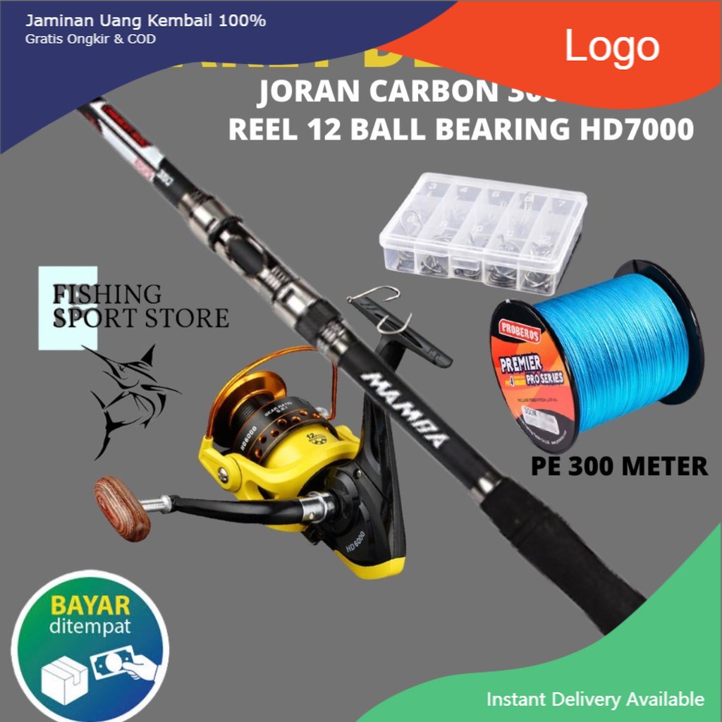 Set Pancing Joran Dan Rel Laut Joran Mamba 3 Meter Reel Seri HD7000 Bonus Benang Kail Satu Paket Sia