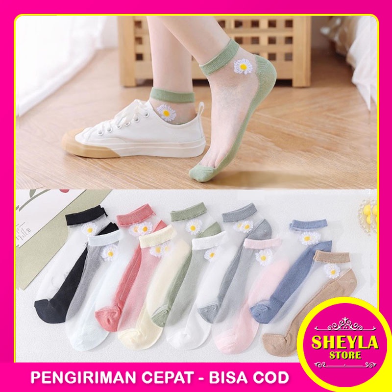 Kaos Kaki Pendek Wanita Transparan Motif Bunga Daisy / Kaos Kaki Ankle Cute Semata Kaki Korean Import / TS-35