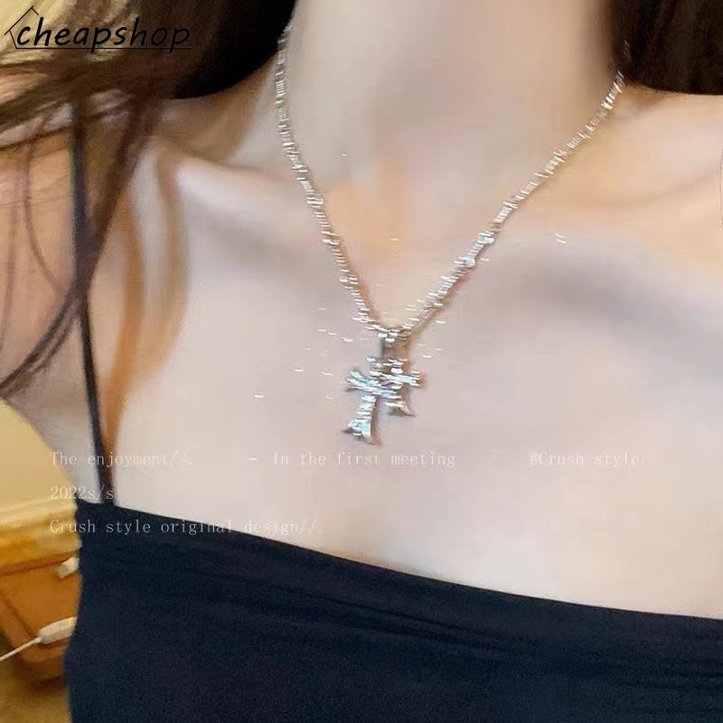 IFYOU Kalung Rantai Choker Liontin Salib Aksen Berlian Warna Silver Gaya Vintage Untuk Wanita