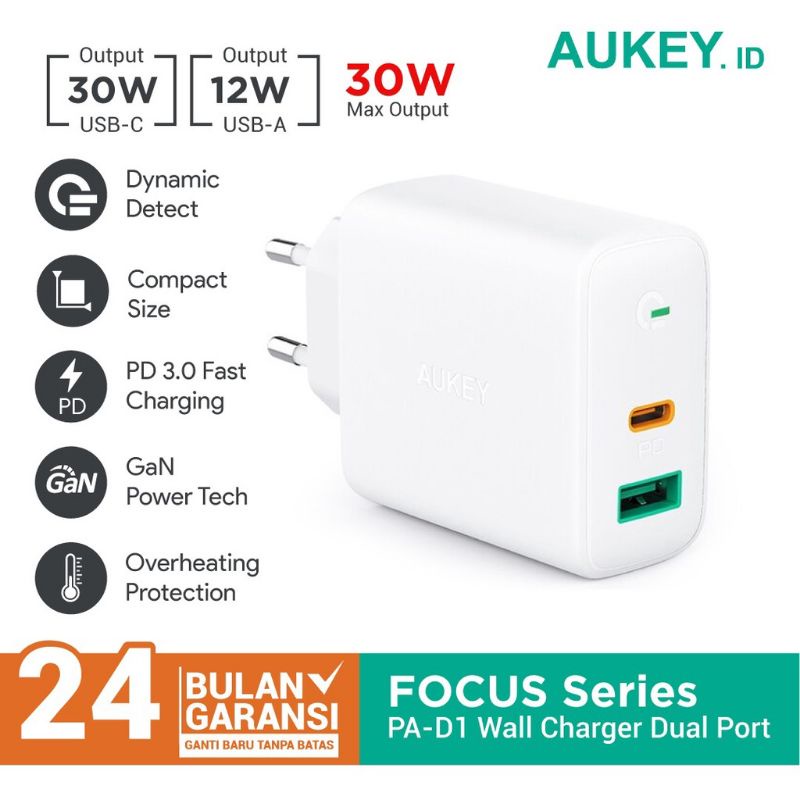 Aukey PA-D1 30W Charger Dual Port PD + Dynamic Detect