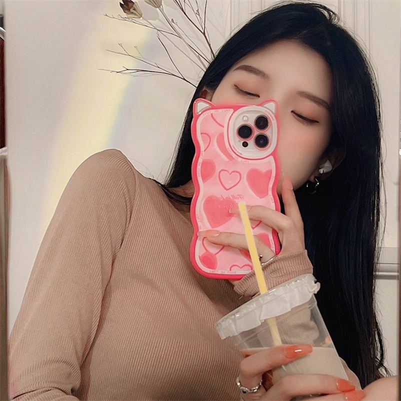 Soft Case Bahan Kulit Anti Jatuh Untuk Compatible for iPhone 14 13 12 11 Pro Max iPhone X Xr Xs Max SE 2020 iPhone 8 7 6 6s Plus Fashion Love Heart Transparent Phone Case Square Straight Cube Shockproof Cat Ear Phone Case Anti-fall Soft TPU Back Cover