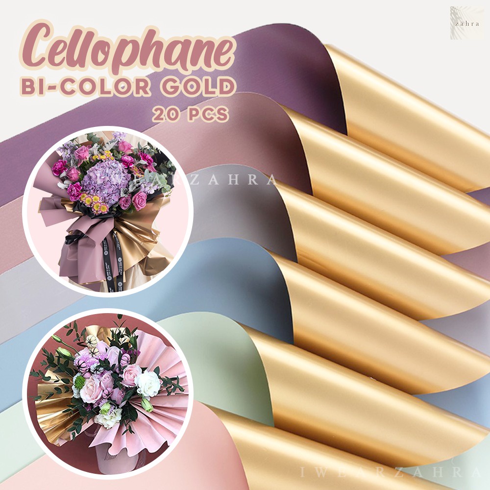 FLOWER WRAP CELLOPHANE BICOLOR GOLD [20PC]- Kertas Buket Bunga Wrapping Paper Bungkus Kado Bouquet Kebutuhan Florist Gift Wrap Graudation Wisuda Elegant Dekorasi Flower Paper Craft Kerajinan Tangan Kraft Hias Dekorasi Rumah Pesta