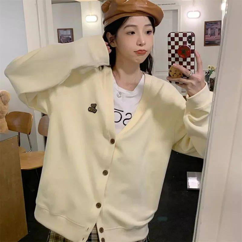 BEAR EMBROIDERY CARDY Sweater Outer Wanita Oversize Atasan Kasual Fashion Korean Style Fashion Terkini