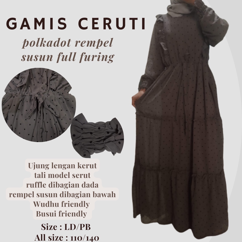 MD SHOP Gamis Ceruti polkadot rempel susun full furing
