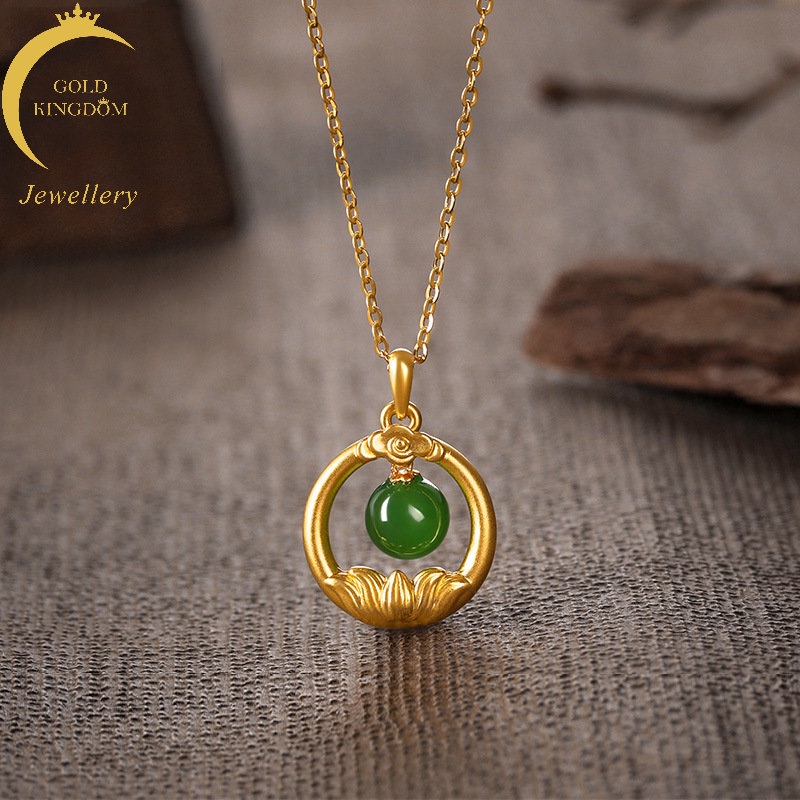 Goldkingdom Fashion Perhiasan Emas Asli Kadar 375 Bangkok Aksesoris Ready Stock Vintage Emas Bertatahkan Giok Liontin Lotus Perempuan Gesper Pengaman Xiangyun Hetian Jasper Gelang Emas