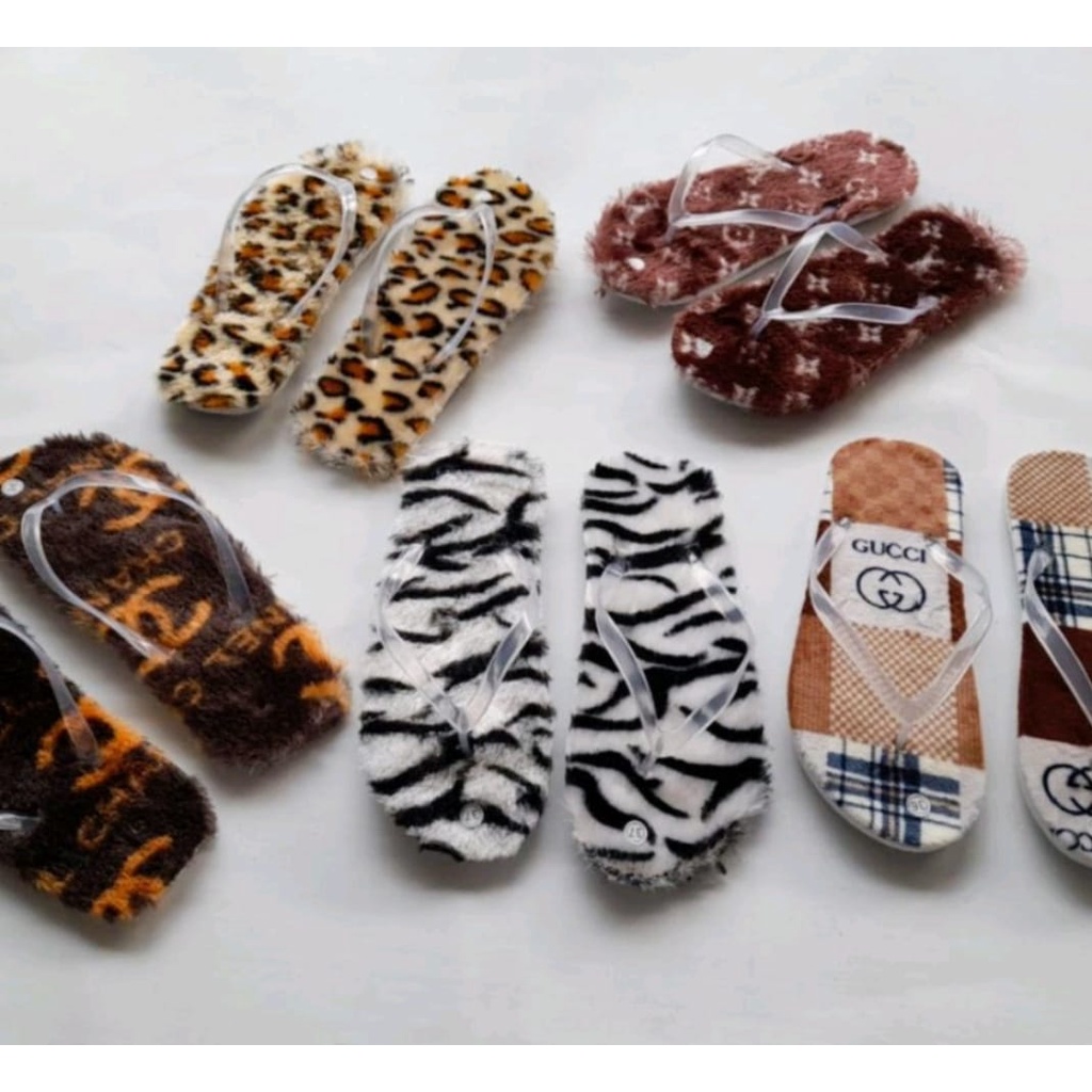 Sandal Sehari hari Sandal Jepit Jelly Bulu Halus Bermotif